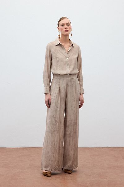 Sateen Patterned Loose Trousers - Beige