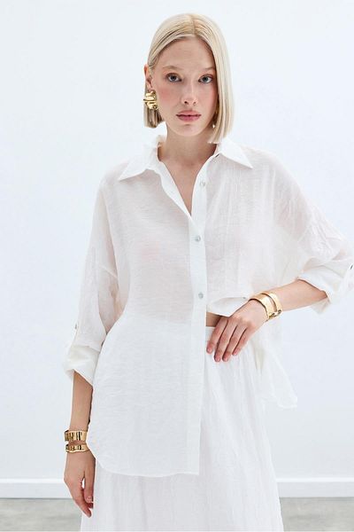 Sateen Casual Shirt with Sleeve Detail - Ecru