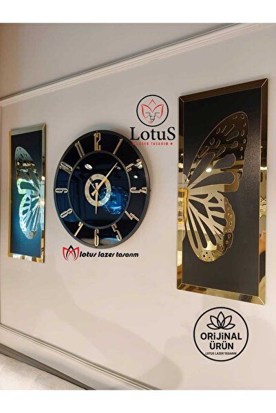 LotusLazer Tasarım 3'lü Gold Siyah Dekoratif Duvar Saati ve Tablo Seti – 60 c...