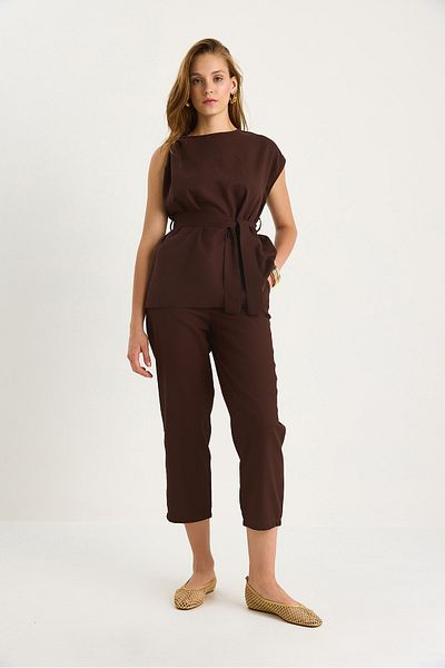 Bianco Lucci Women's Shoulder Knot Detailed Belted Linen Top-Top Set 9369 60281075