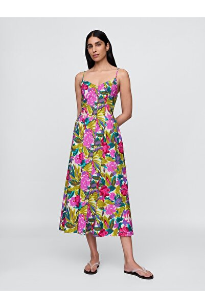 GAP Kadın Pembe Floral V-Yaka Midi Elbise