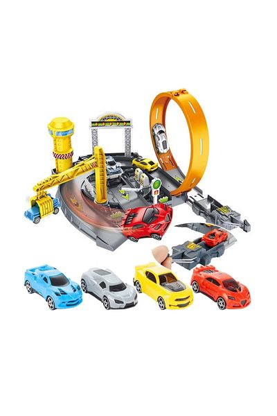 ideal STORE Track with Car Launcher Track Parking idealSTORE, Includes 4 Colorful Cars, Crane, Petrol