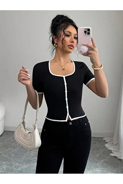 NoVibe Bluză de damă neagră detaliată cu nasturi