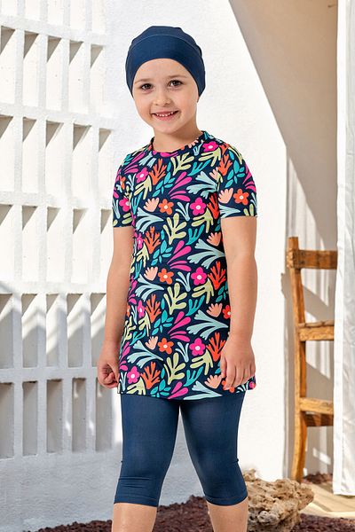 MARESİVA Girls Short Sleeve Lycra Semi-Closed Swimsuit with Tights 2905 Dark Navy Blue