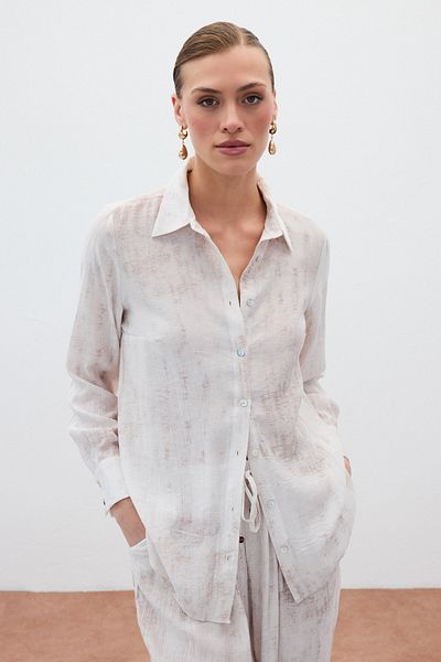 Sateen Patterned Loose Shirt - Stone