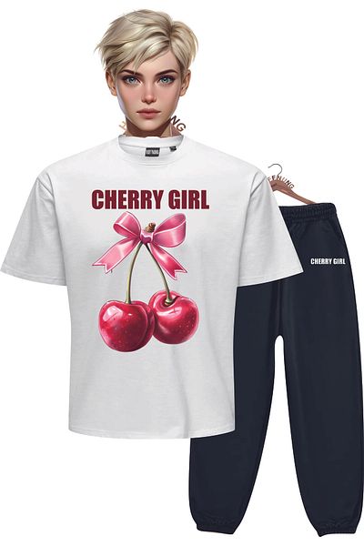 HOFFNUNG Ukwomen's Crew Neck Cherry Girl Printed Bottom Top Tracksuit Suit