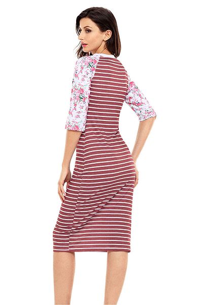 WildFashion Midi dress with horizontal stripes and three-quarter sleeves with floral pattern V681-821