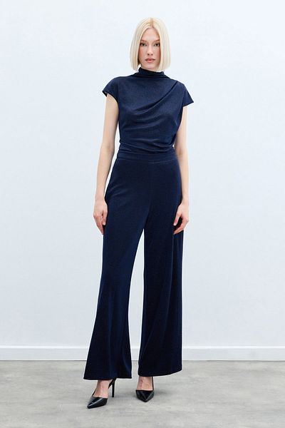 Sateen Glitter Casual Trousers - Navy Blue