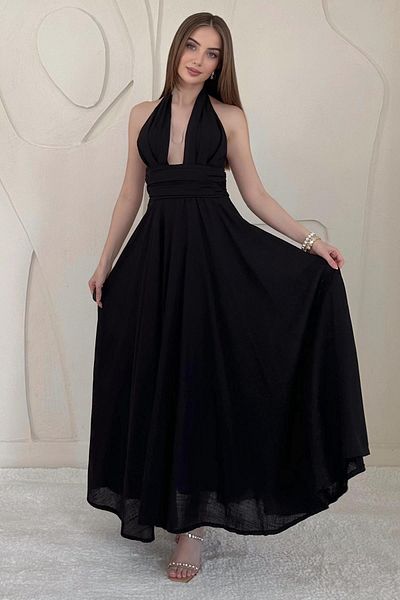 Elbee Fashion Woman Linen Dress with Low-Cut Chest and Back Detail