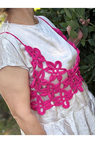 El Örgüsü Çiçek Motifli Crop Büstiyer – Alize Cotton Gold İplik