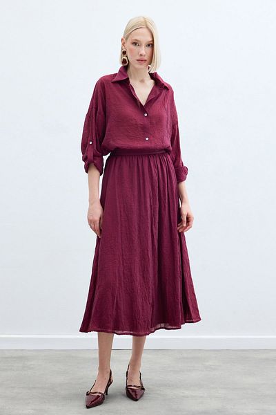 Sateen Casual Shirt with Sleeve Detail - Claret Red