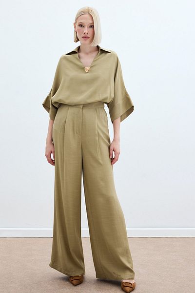 Sateen Pantaloni din amestec de in - kaki
