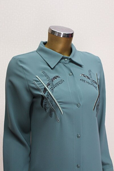 PERFECT 1547 ÖNDEN DÜĞMELİ GÖĞSÜ TAŞ İŞLEMELİ UZUN TUNİK QYS TUNİK #24-03#