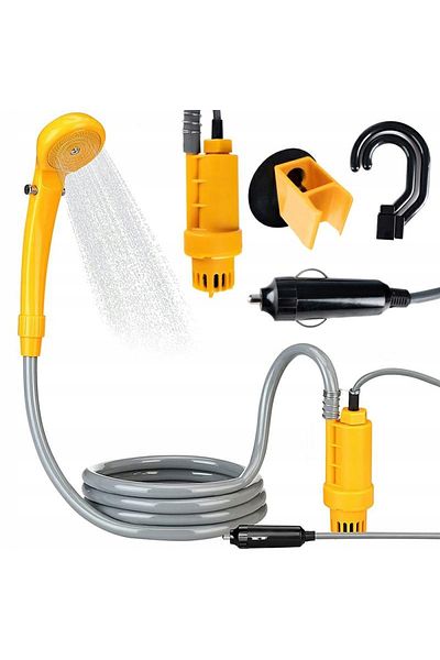 zola Portable car shower set, 60W, 5L/min, 12V, adjustable flow, hook, suction cup, 2m hose, yellow