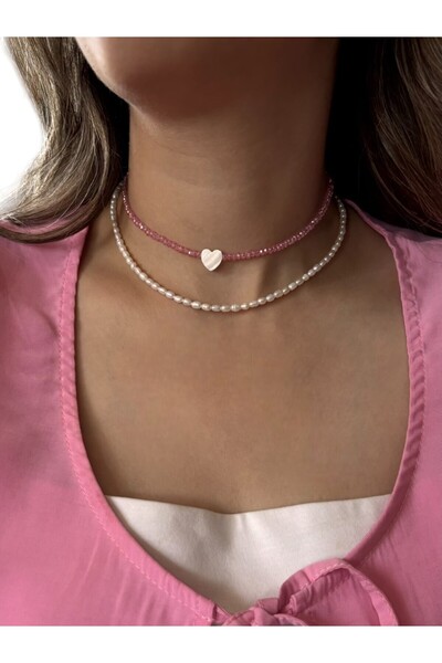 By Saadet Özkanlı Kristal Pembe Kalpli Kolye