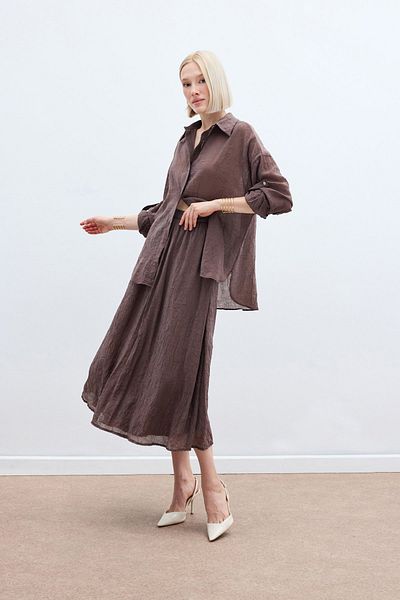 Sateen Casual Shirt with Sleeve Detail - Brown