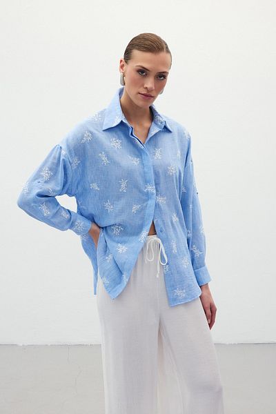 Sateen Casual Embroidered Shirt - Baby Blue