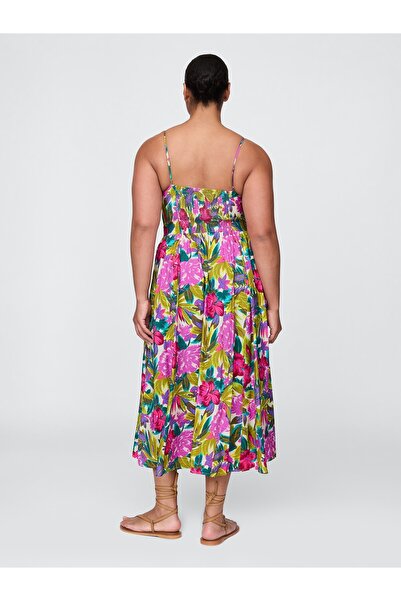 GAP Kadın Pembe Floral V-Yaka Midi Elbise