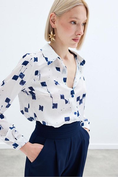 Sateen Patterned Classic Shirt - Navy Blue