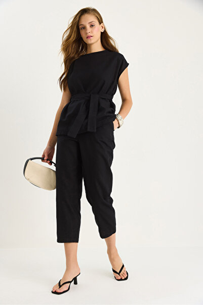 Bianco Lucci Women's Shoulder Knot Detailed Belted Linen Top-Top Set 9369 60281075