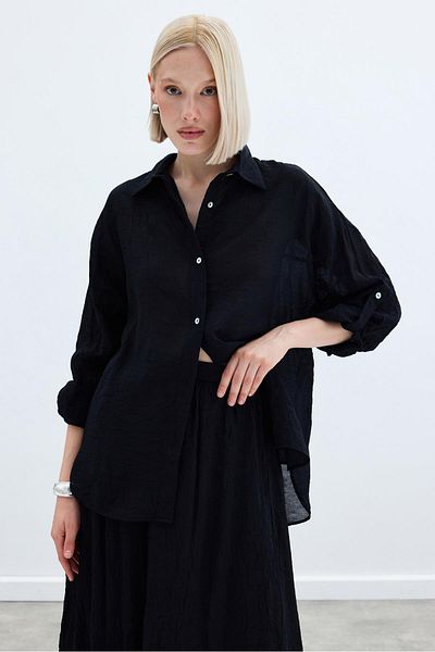 Sateen Casual Shirt with Sleeve Detail - Black
