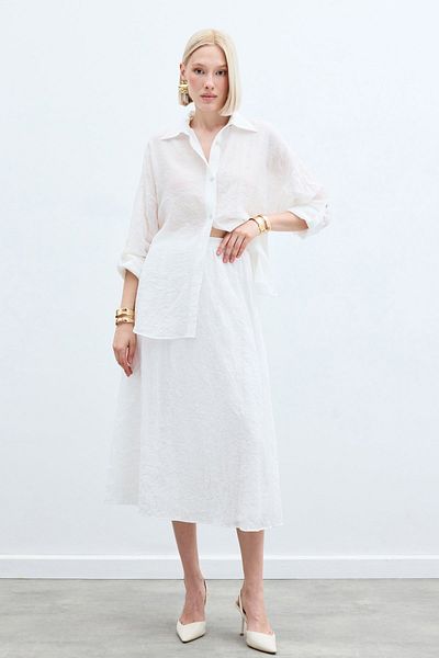 Sateen Casual Shirt with Sleeve Detail - Ecru