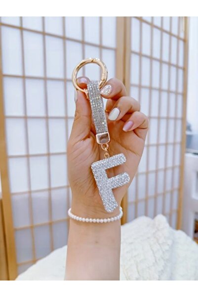 Mansura Letter F White Stone Letter Keychain, Bag Charm Vip Series