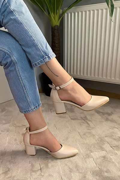 Preshley Women's Style Cream Skin 6 cm Heeled Ankle Strap Open Side Shoes
