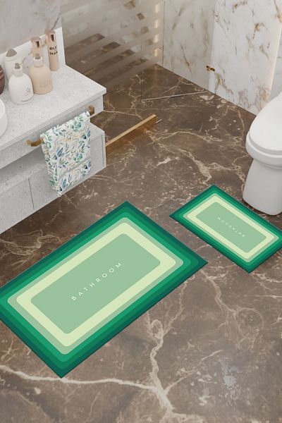 Charmbi Bathroom Patterned Eco Bath Mat, Non-Slip Base, Machine Washable, Digital Printing Set of 2