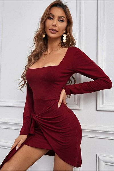 WildFashion Casual short dress with square neckline and wrap front X690-81