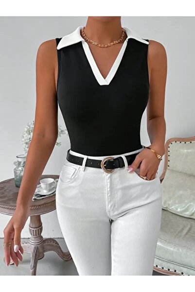 NoVibe Bluză neagră fără mâneci pentru femei, cu detaliu de guler alb