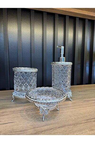 ZEKİ HEDİYELİK Metal Süslemeli Kafes Model El Yapımı Cam Banyo Seti 3'lü Takım