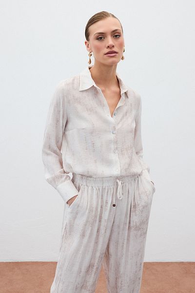 Sateen Patterned Loose Shirt - Stone