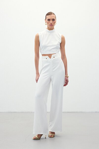 Sateen Bel Detaylı Pantolon - Ekru