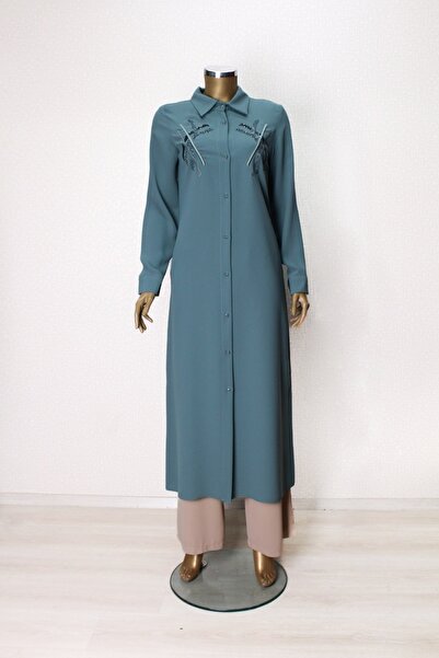 PERFECT 1547 ÖNDEN DÜĞMELİ GÖĞSÜ TAŞ İŞLEMELİ UZUN TUNİK QYS TUNİK #24-03#