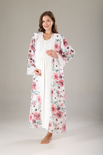 LOHOUSE طقم ثوب نوم وروب نسائي من الدانتيل باللون الوردي للحوامل مكون من قطعتين