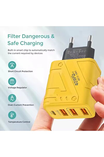 BM Universal 40W Fast Charger Yellow, 3 USB Ports + 1 USB-C Port, Universal Compatible