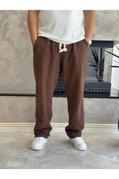ECARTS Men's Comfortable Fit Linen Trousers Brown Eca001