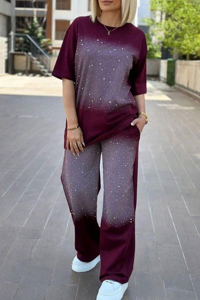 Kokoşum Butik 7225 Stoned Tracksuit Suit Claret Red