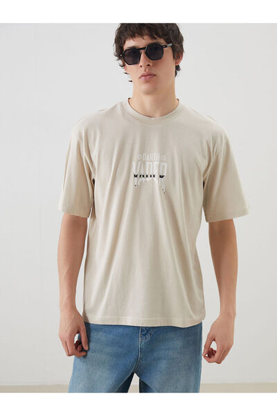 LC Waikiki Ανδρικό μπλουζάκι με λαιμόκοψη σε μπεζ χρώμα Star Wars με τύπωμα από χτενισμένο βαμβάκι