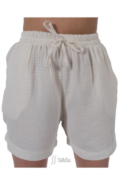 Si&Su Muslin Fabric Women's Relaxed Cut, Pocketed, Lace-Up, Elastic Waist, Loose Shorts