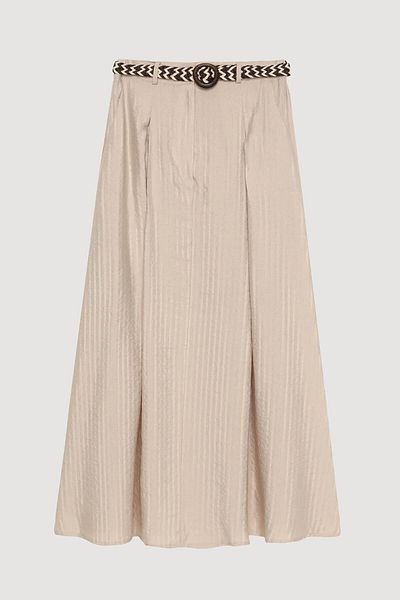 Quzu Belt Detailed Midi Length Beige Women's Skirt Etk00609