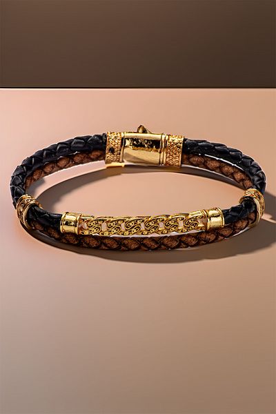 OSMANLI GÜMÜŞ Brown Black Leather Men's Bracelet with Gold Chain Motif