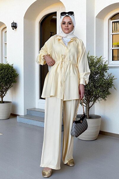 Aselim Hijap Moda Summer Women's Hijab Suit with Strawberry Linen Shirt – Comfortable Elegance with Pocket Trousers (Size 36-48) Yellow