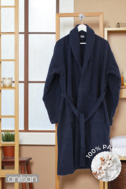 Anılsan Μπουρνούζι 100% βαμβακερό Navy Blue - Şalyaka Hotel Bathrobe, Ιδανικό για Spa, Κατάλληλο για Καθημερινή Χρήση