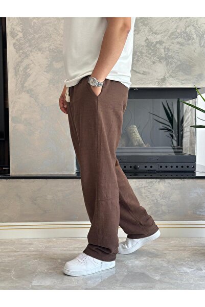 ECARTS Men's Comfortable Fit Linen Trousers Brown Eca001