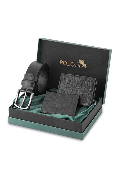 Polo Air Men's 100% Genuine Leather Wallet Card Holder Belt Combination Set Black Color M-8003-S