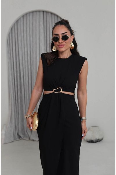 Afiş Butik Black Window Detailed Slit Dress