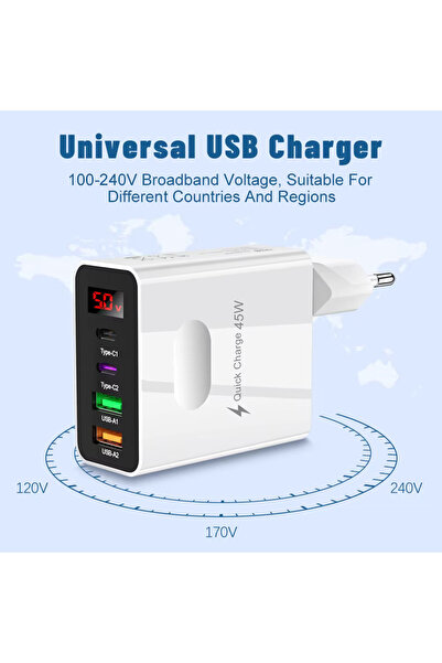 BM Universal Universal Fast Charger 45W with 4 ports and White Digital Display compatible Universal
