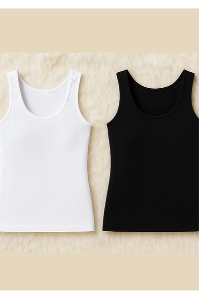 Loule Women's Clothing Thick Strap Modal & Cotton 2 Pieces Black - White Undershirt Ll.K66.O012.001